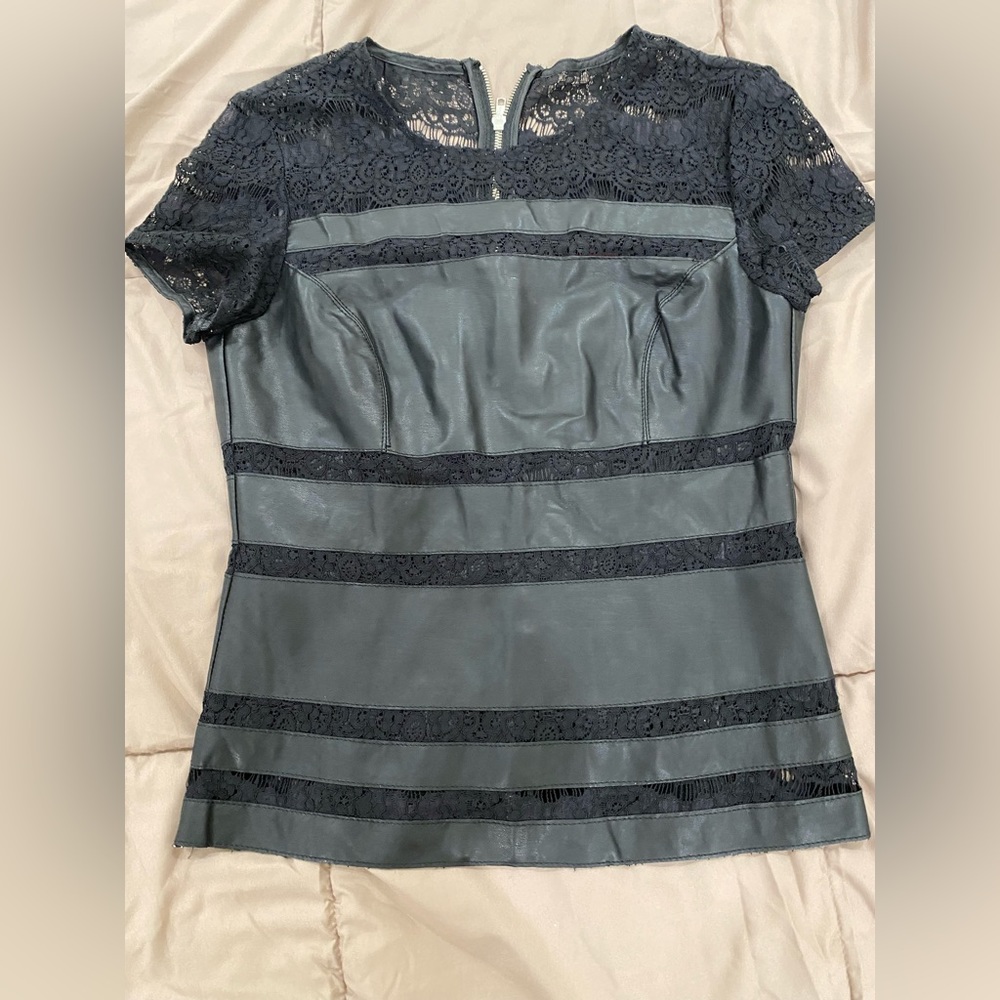 RED/ SaksFifth Avenue Faux Leather & Lace Top
